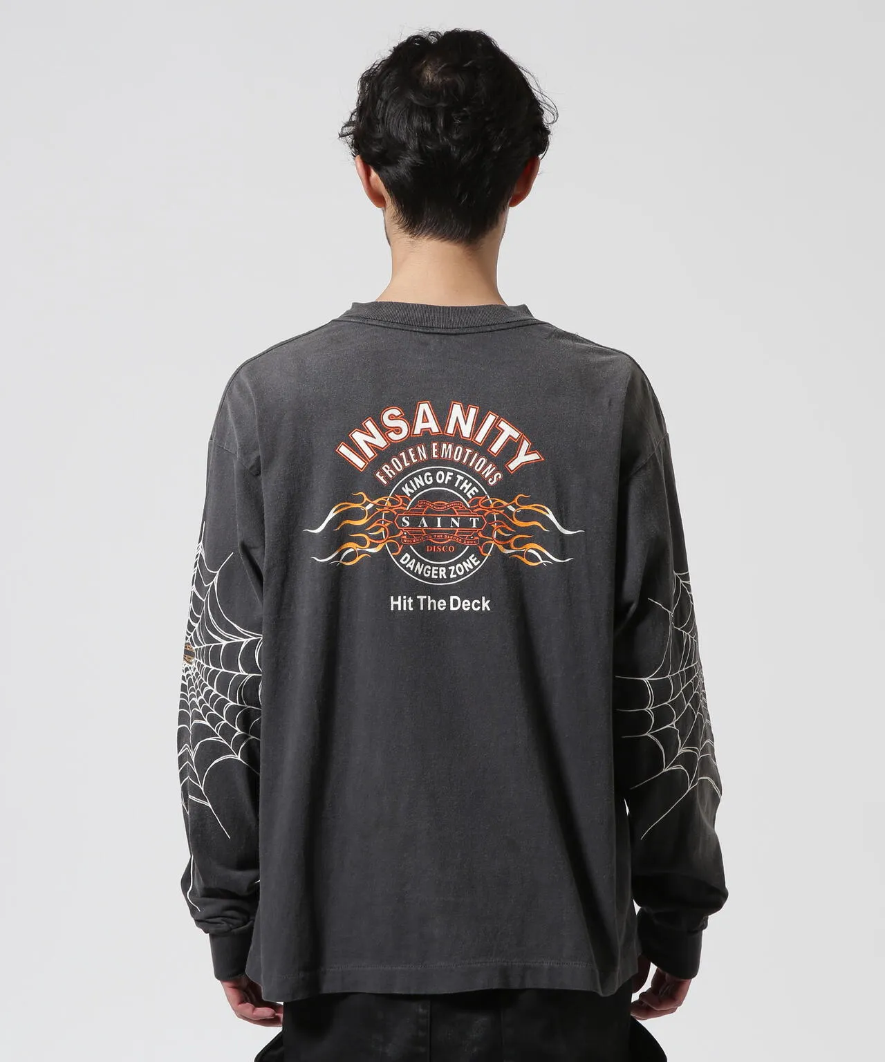 SAINT Mxxxxxx × TEFLON DISCO ML_LS TEE/INSANITY/BLK Spider Web INSANITY Distressed Long Sleeves Washed Black S-XL Ready-to-wear Assute dyeing Maliu water spray fading treatment Customized TEFLON DISCO co-branded accessories Hand-splashed ink Wormhole fraying treatment Authentic level printing process